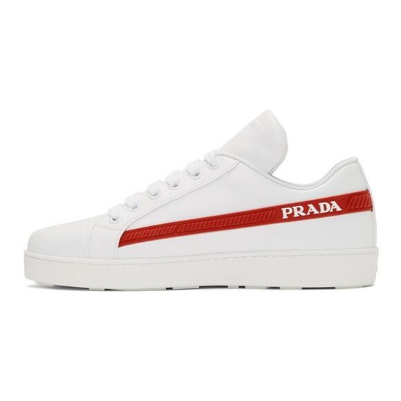 Prada Band White Red Stripe Logo Lace Up Tie Flat Low Top Trainer Sneaker 36.5 - Picture 13 of 16